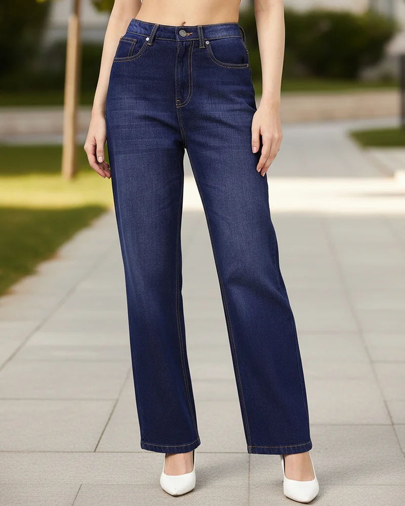 بيواكوف جينز نسائي واسع أزرق داكن مغسول بقصة مستقيمة